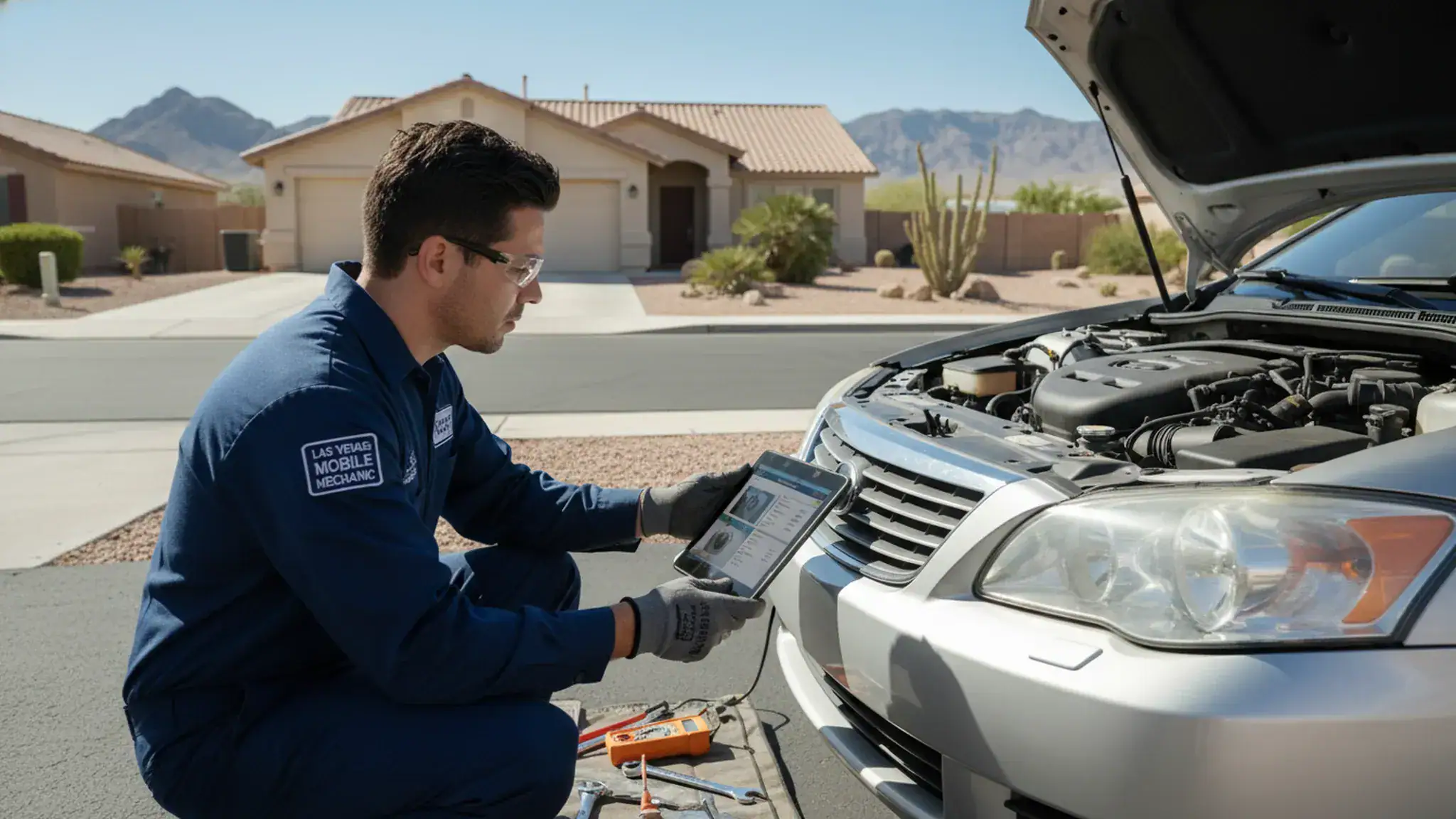 Mobile mechanic performing a pre-purchase car inspection on a used vehicle in a Las Vegas driveway