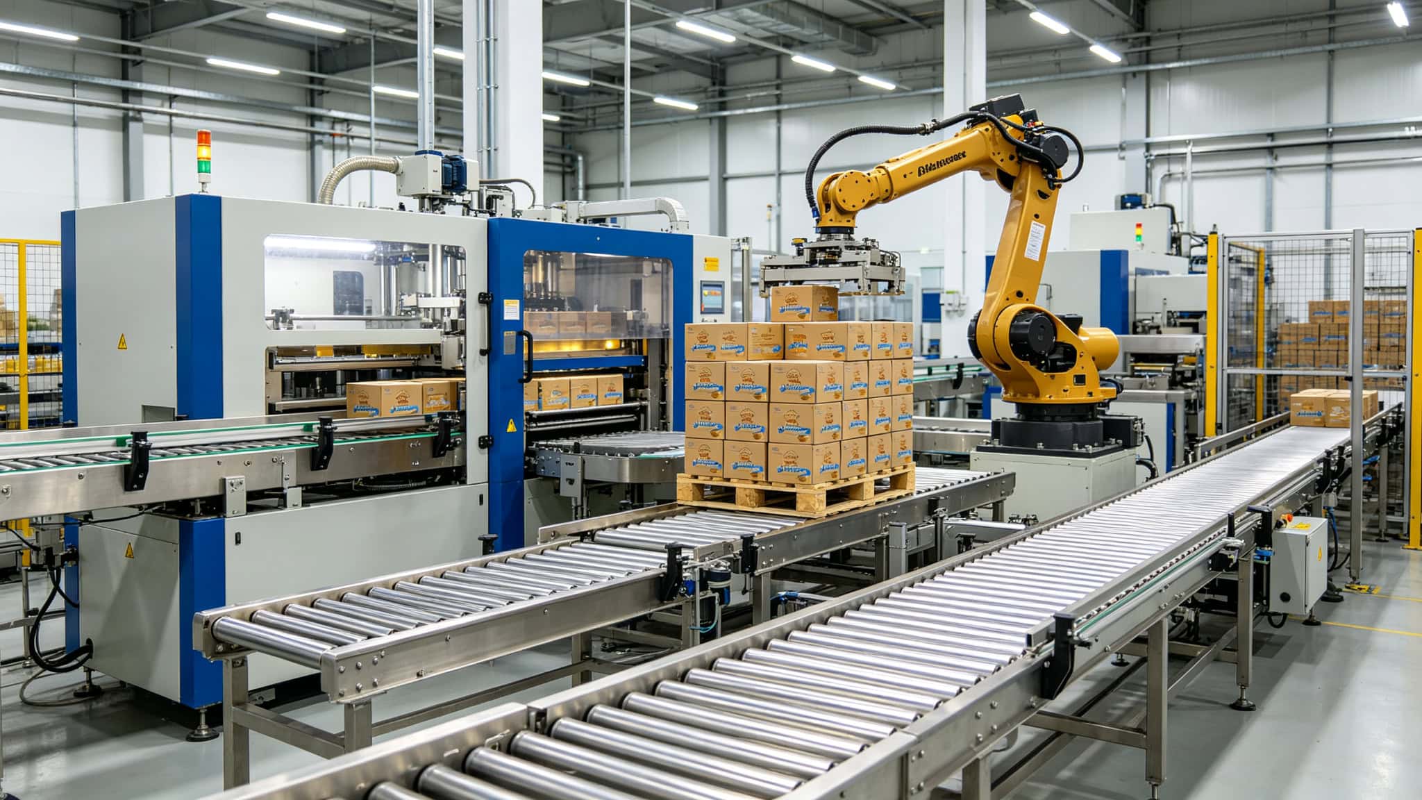 Food and beverage end-of-line packaging line