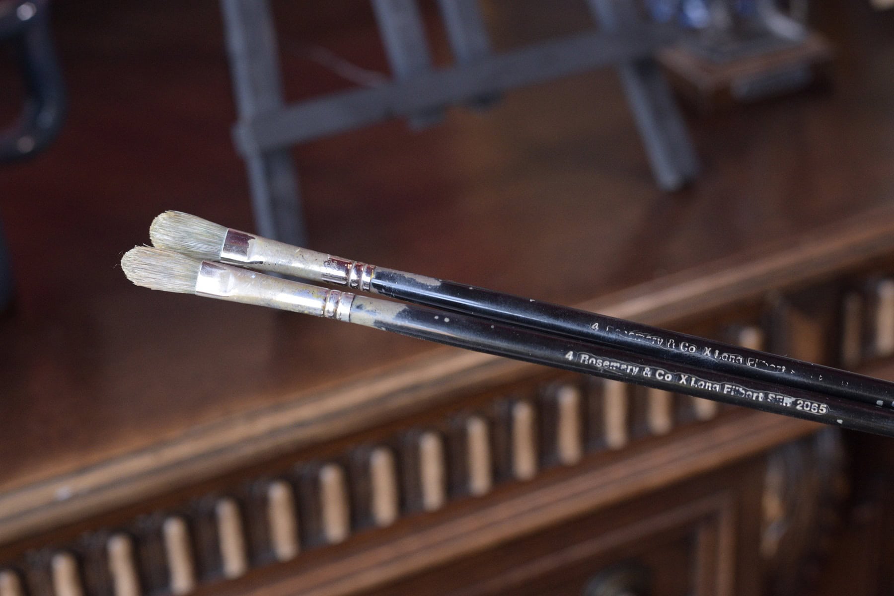Two used Rosemary and Co X Long Filbert Series 2065 oil painting brushes