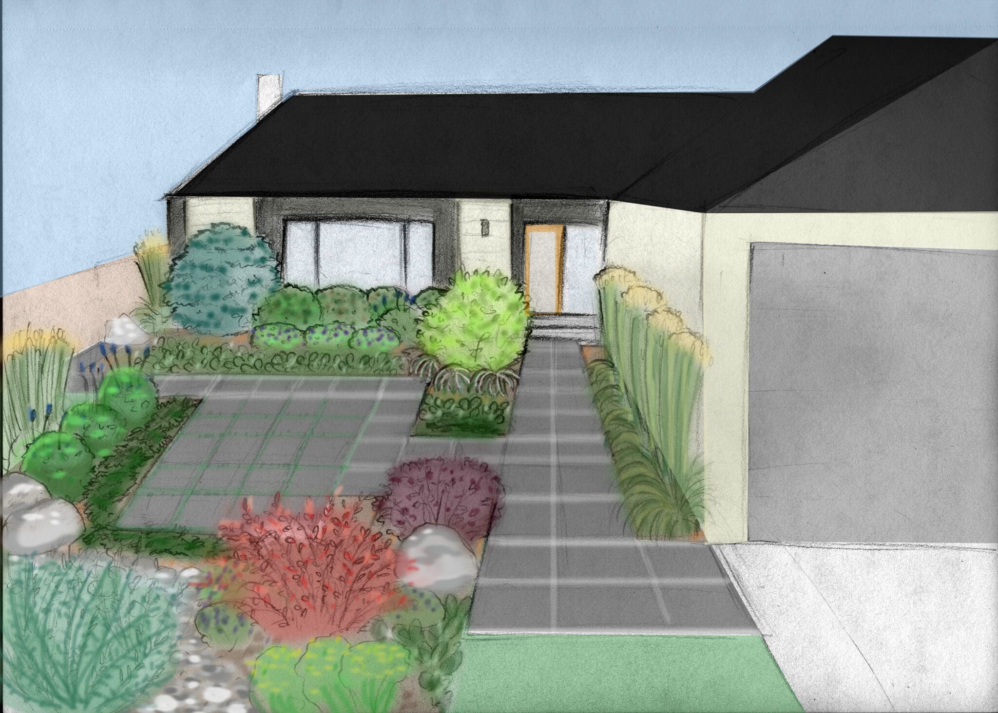 Landscape design consultation sketch showing front yard plan.