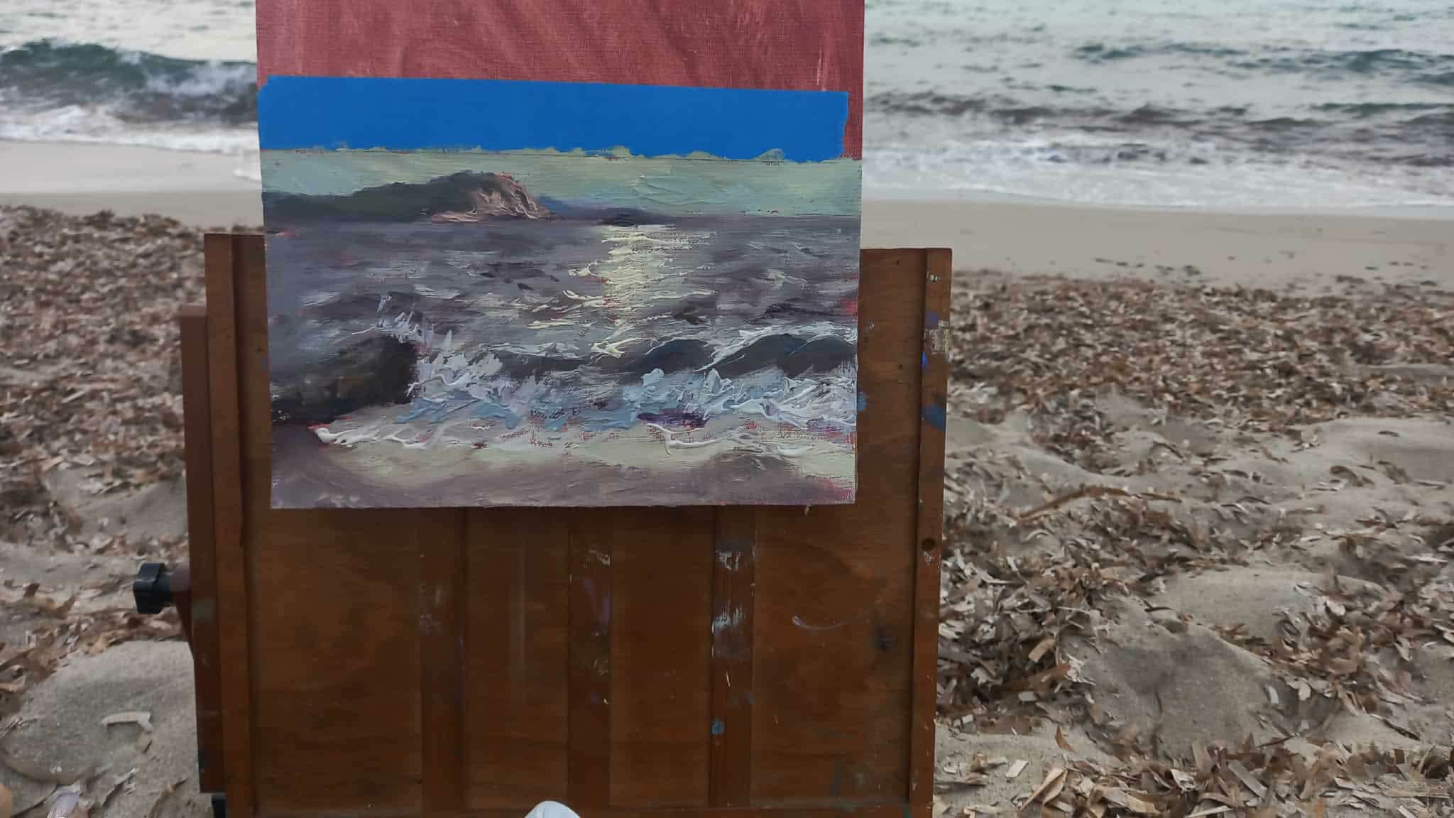 Plein air seascape painted on a Jack Richeson Sienna pochade box beside the beach
