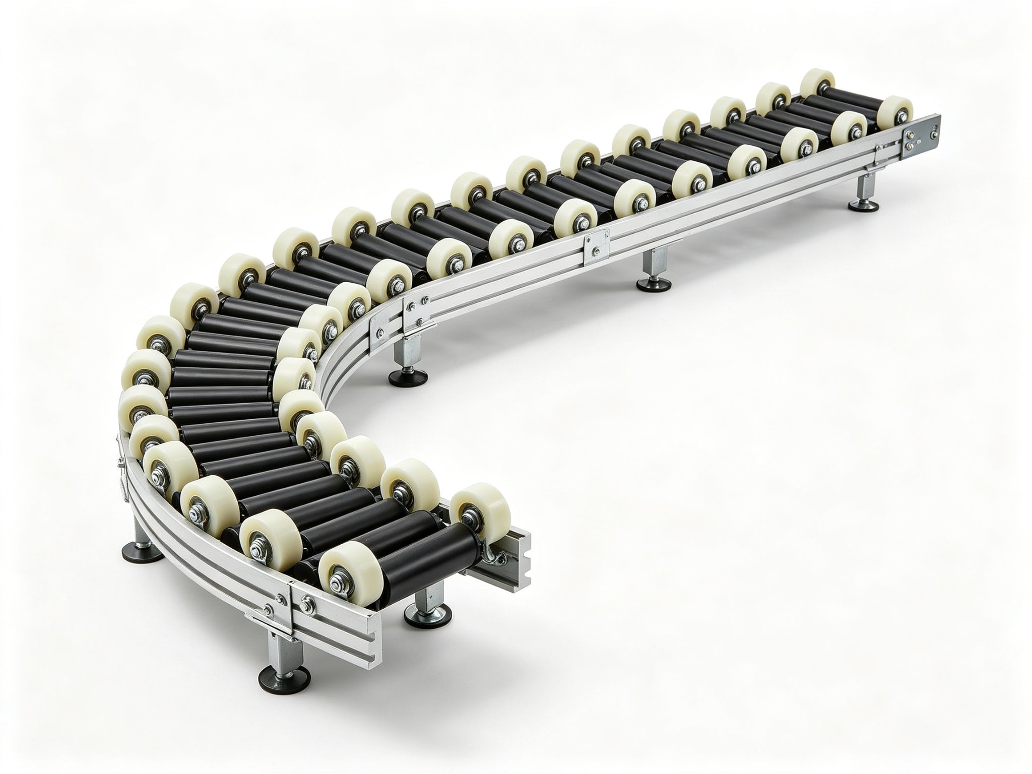 Flexible expandable skate wheel conveyor forming curves by SunAura Machinery