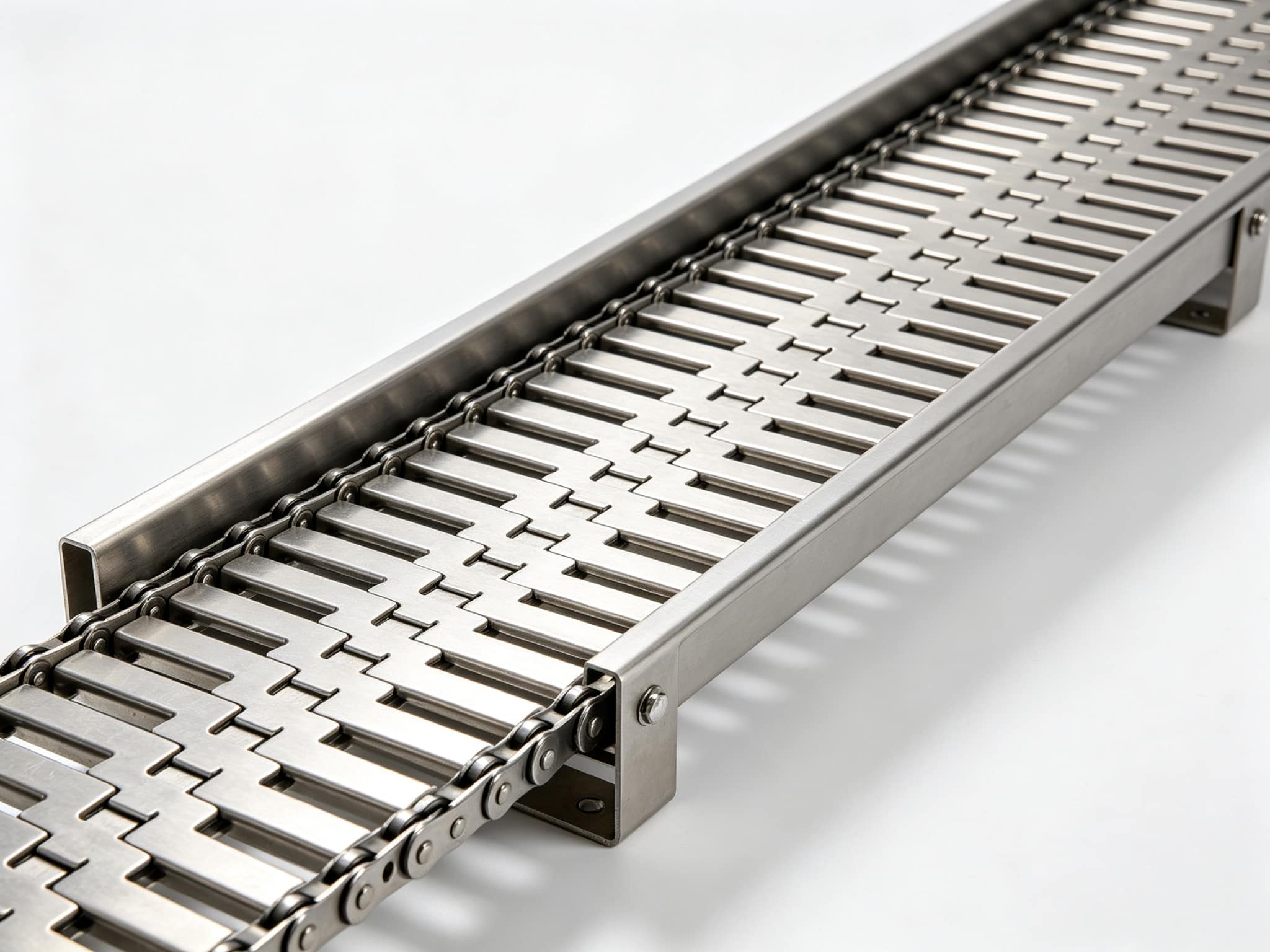 Narrow stainless steel chain plate conveyor for bottles and jars by SunAura Machinery