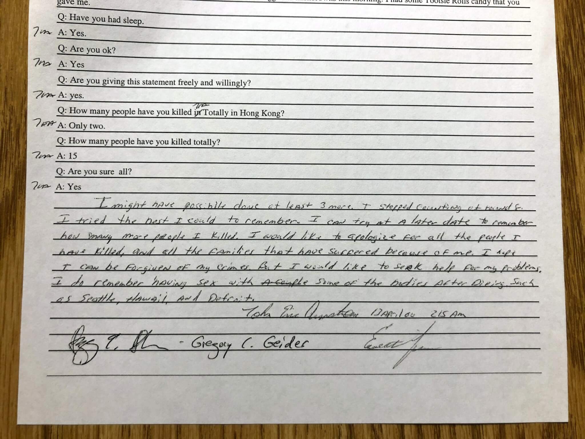 A handwritten note at the end of one of Armstrong’s confessions to Detroit police. Image: DPD files.