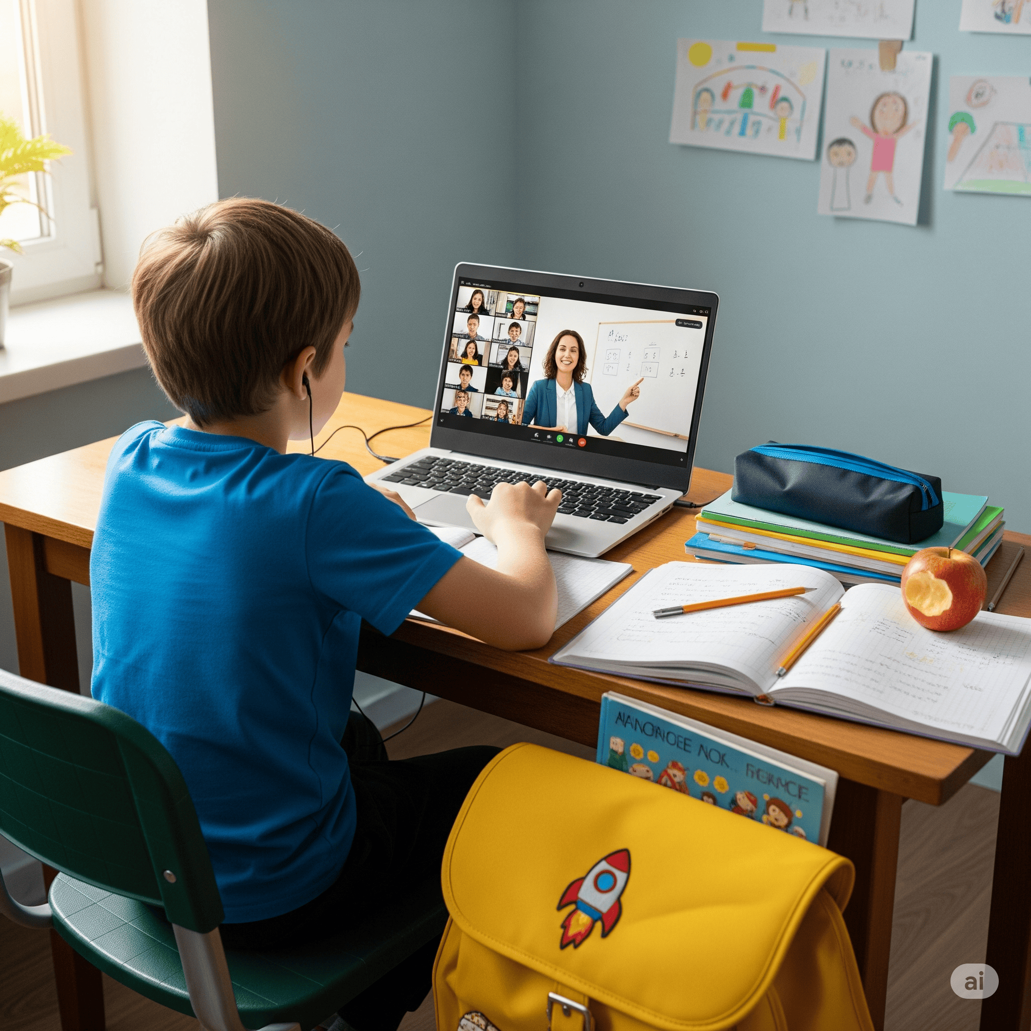 A student studying online on a laptop with notebooks and a backpack beside, representing hybrid learning.