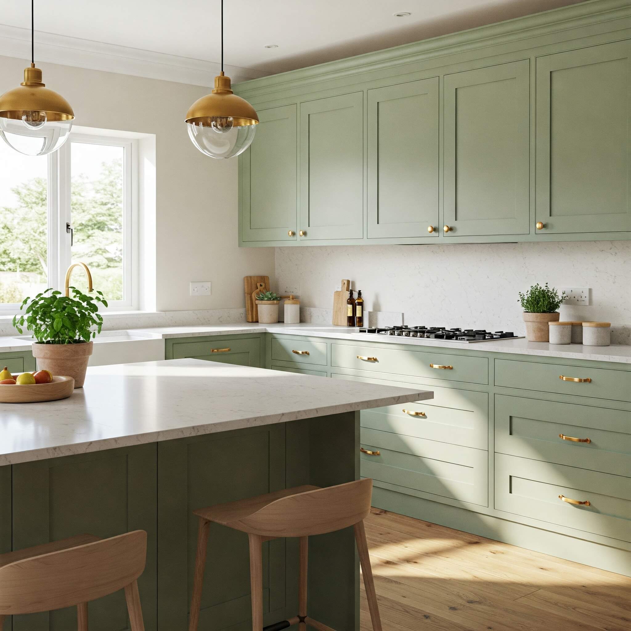 Modern kitchen with green cabinets and island