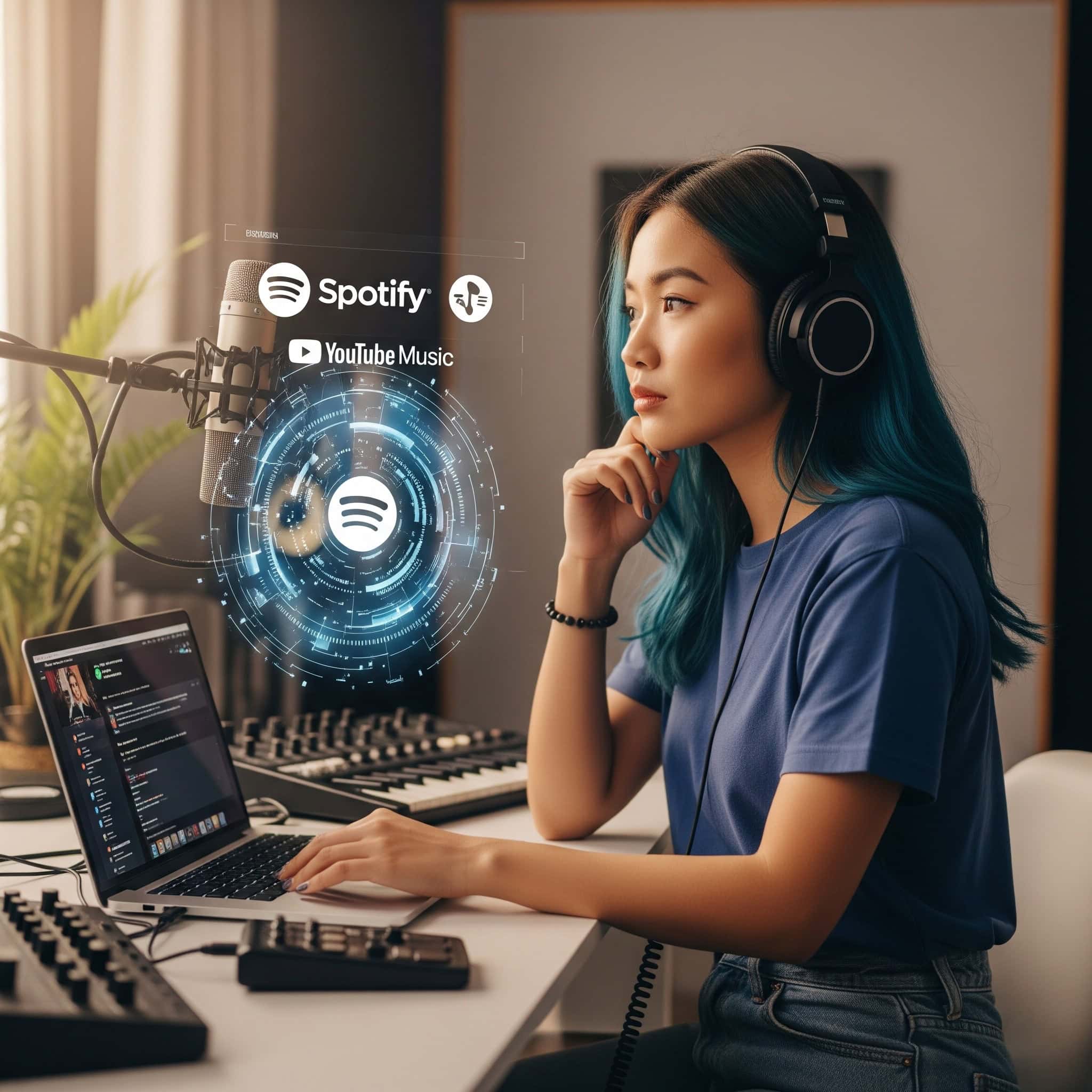 Independent artist with blue hair using a laptop to distribute music to Spotify, YouTube Music, and other streaming platforms.