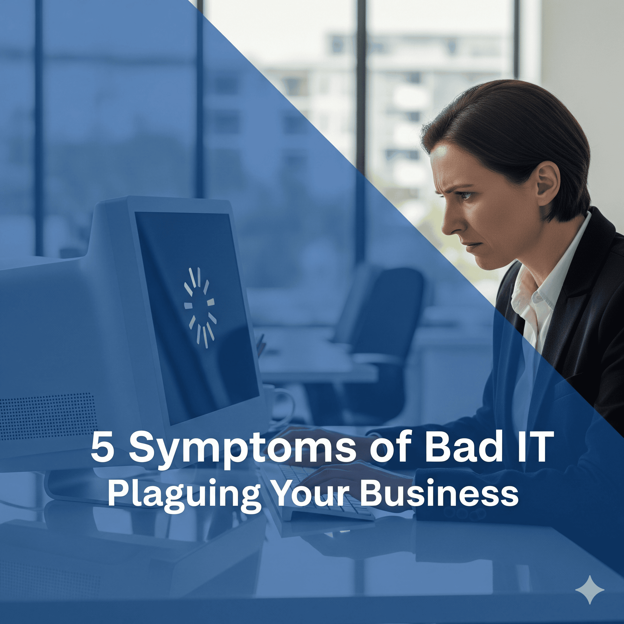 Symptoms of Bad Business IT A frustrated business owner experiencing a symptom of bad IT: a slow computer with a loading symbol that is hindering productivity.