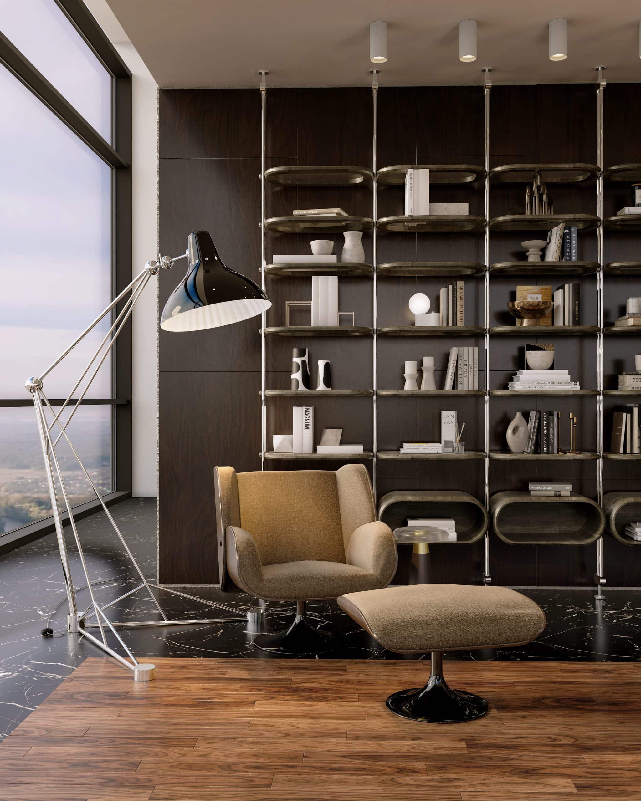 mid-century-modern-office-corner-with-an-iconic-lounge-chair-and-industrial-floor-lamp-scaled mid-century-modern-office-corner-with-an-iconic-lounge-chair-and-industrial-floor-lamp-scaled mid-century modern How to Mix Mid-Century Modern with Contemporary Decor mid century modern office corner with an iconic lounge chair and industrial floor lamp scaled