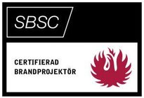Certified brandmadprojektör logo with fire symbol and SBSC certification.