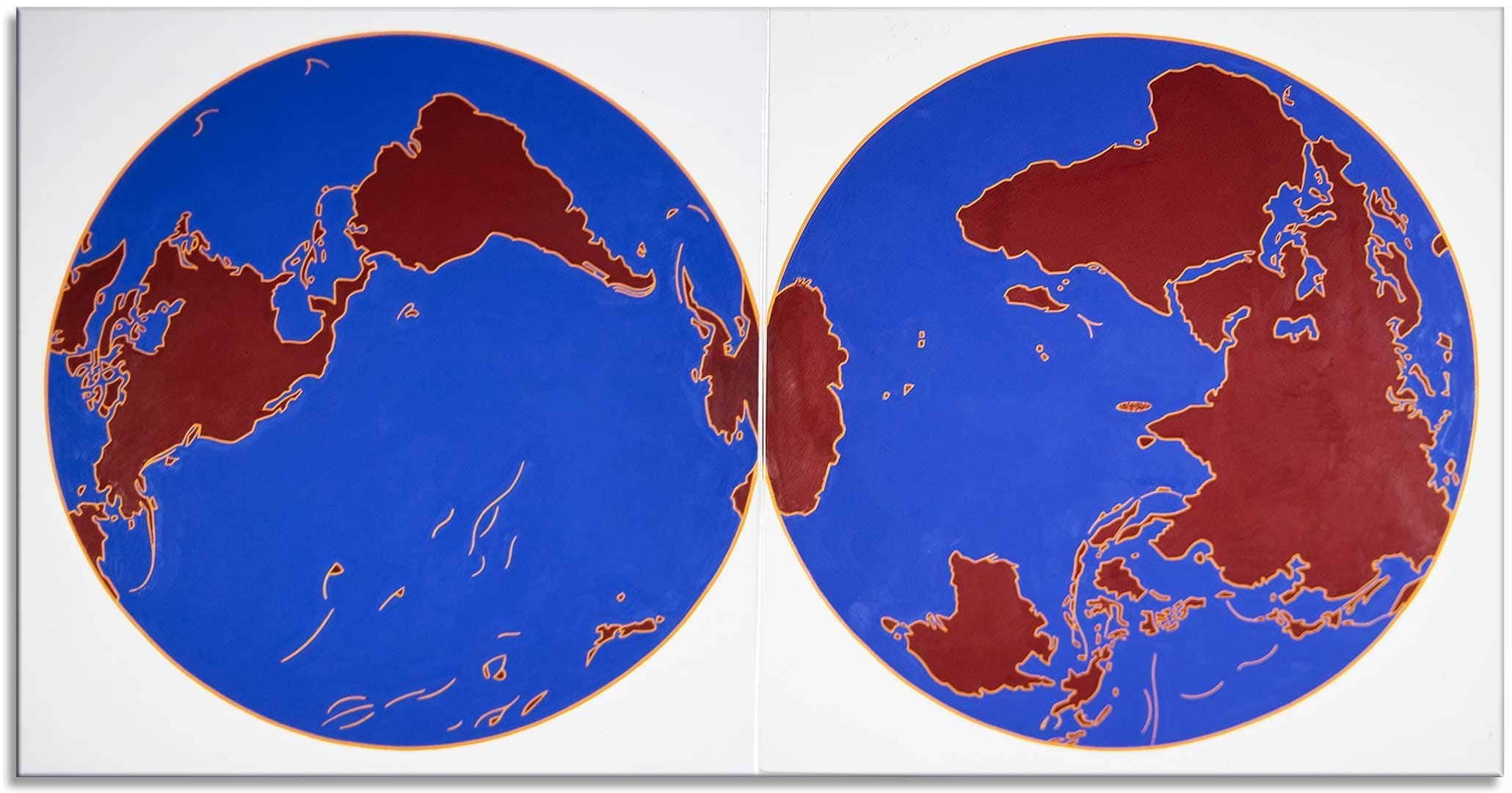 Myriam Thyes, Variationen über eine Weltanschauung, 1993, Öl auf Baumwolle, variable Größen. Hier: 'Busen', Lambert-Projektion, 200 x 400 cm (2 Teile, je 200 x 200 cm).
