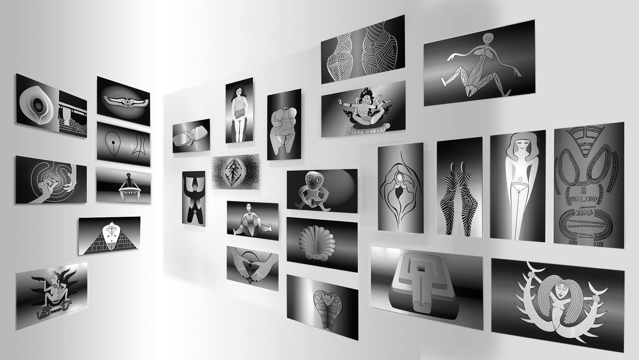 Global Vulva Plates, 2014, 34 monochrome prints on brushed aluminium DiBond, 27 x 48 cm each