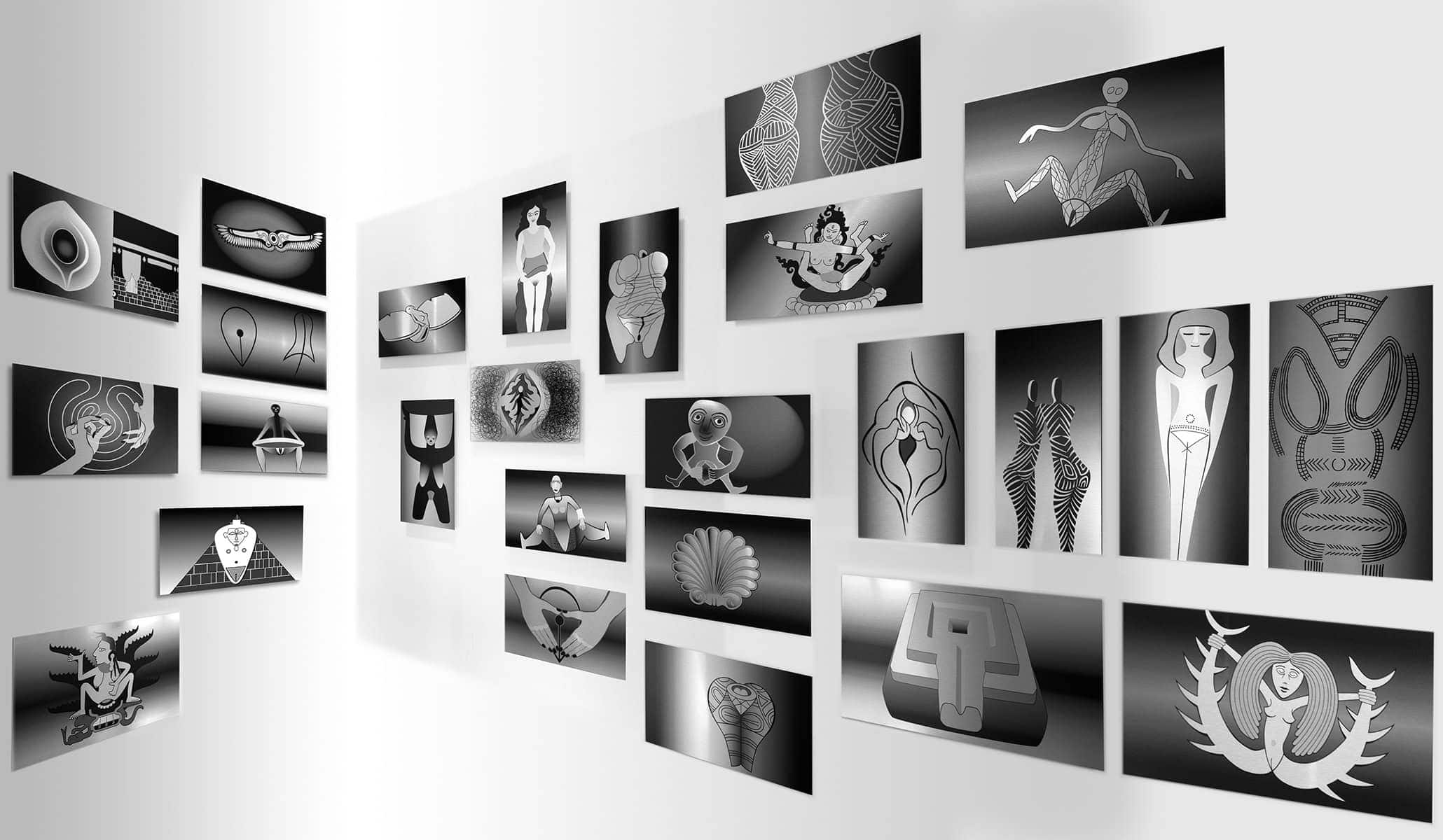 Global Vulva Plates, 2014, 34 monochrome prints on brushed aluminium DiBond, 27 x 48 cm each