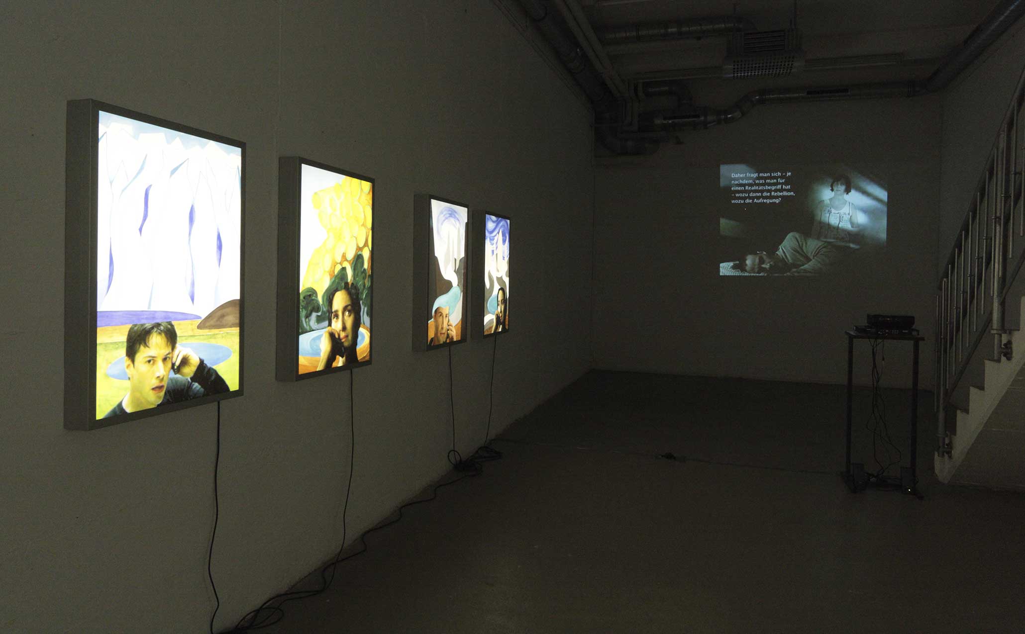 ‚Beschleunigte Flaggen und Gebremste Helden', Einzelausstellung, Kunstverein für den Rhein-Sieg-Kreis, Siegburg, 2009. Im Bild: ‚Patagonia - no network in paradise', C-Prints in Leuchtkästen, 2007-2009; ‚Virtual Therapy', Video, 2007.