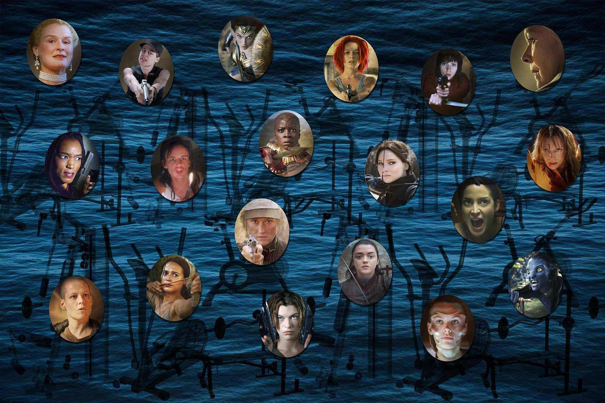 Myriam Thyes, Gallery of Heroic Women (2018-2019), portraits, edited stills from movies. c-prints on oval aluminium plates, 55 x 45 cm each. Visualization of the photo series; (glossy) oval aluminum pictures on (matt) textile wallpaper.