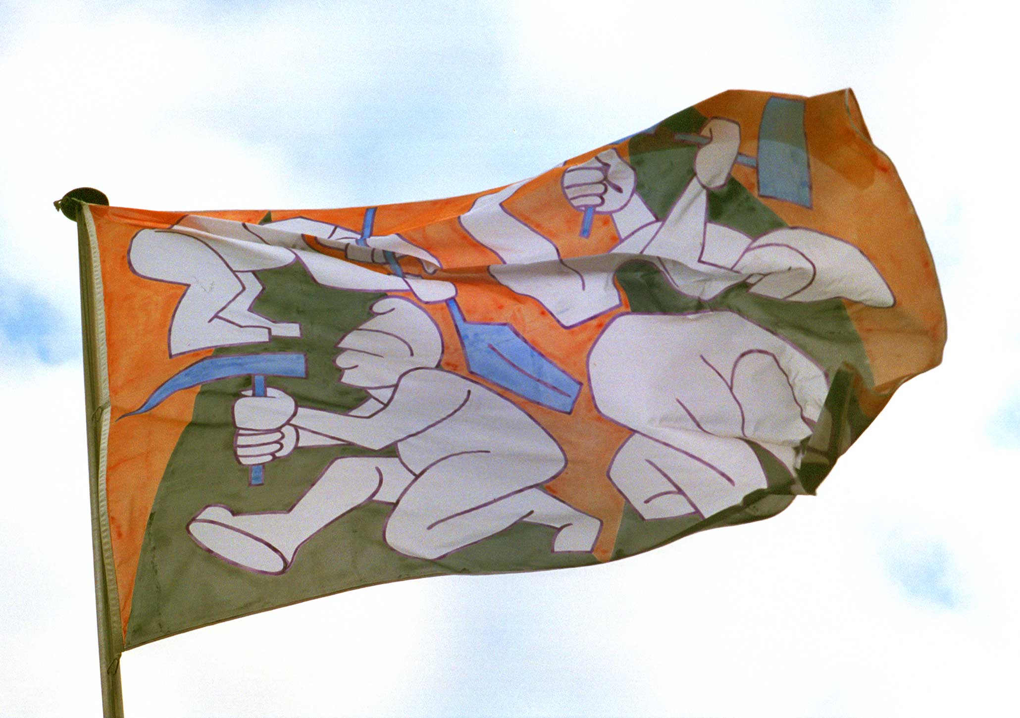 Wünsche und Warnungen im Wind, Düsseldorf, 1996. Am Forum NRW: Bergbau-Zwerge, 2 x 3 m