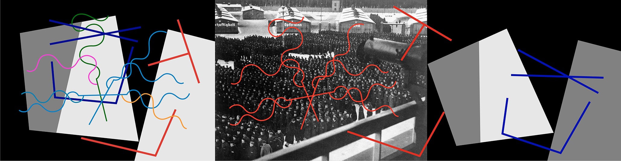 Linien im Krieg (2017), KZ Sachsenhausen. 7 digitale Grafiken auf Bütten-Karton. Druck: je 40 cm x 157-170 cm.