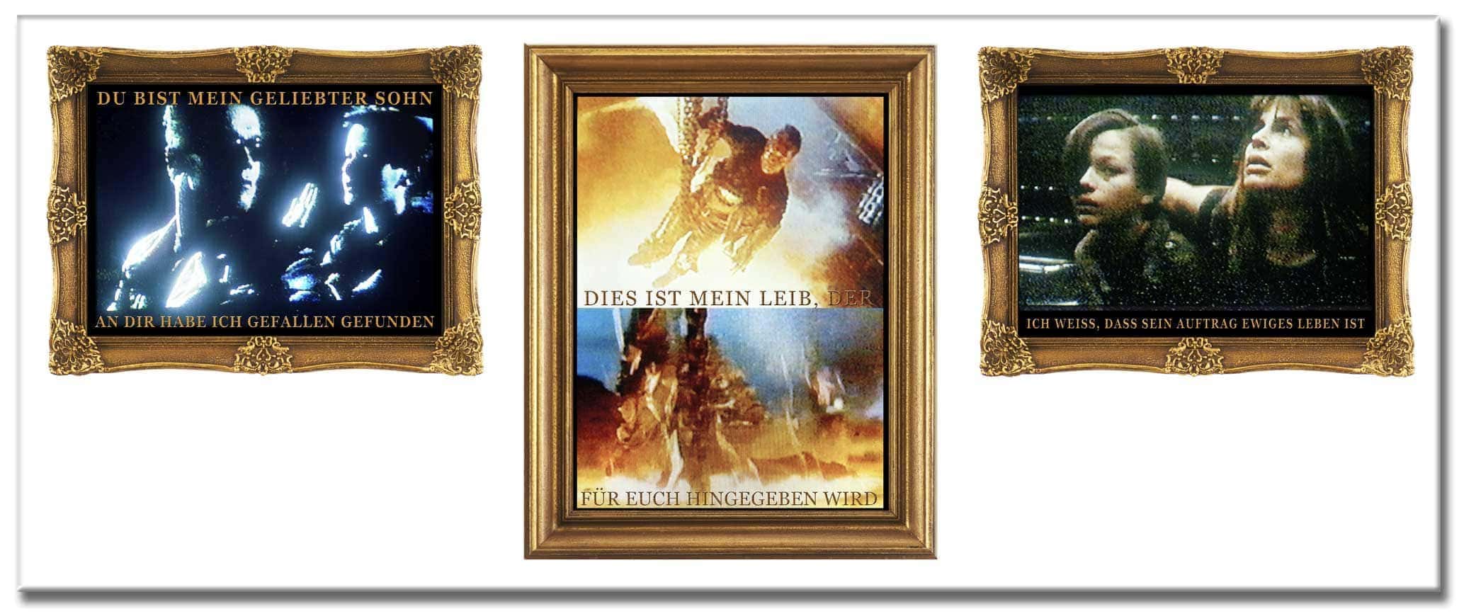 Restauration (1992-2008), Digitale Fotomontagen als Triptycon, je 110 x 260 cm (oder 6 einzelne Bilder). C-Prints hinter Acrylglas auf Alu-Dibond. Titel dieser Montage: Vater und Sohn | Erlöser | Mutter und Sohn.