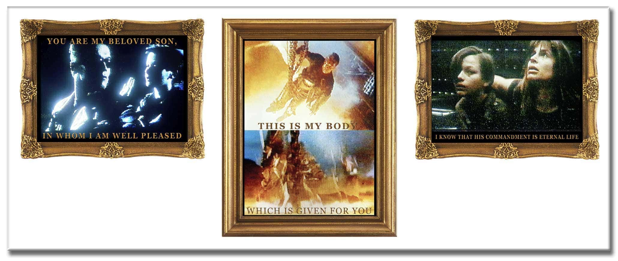 Restoration (1996-2008), two digital photo-collages as triptychs, each 110 x 260 cm (or six single images), c-prints behind acrylic glass, on aluminium. Titles of this collage: Father and Son | Saviour | Mother and Son.