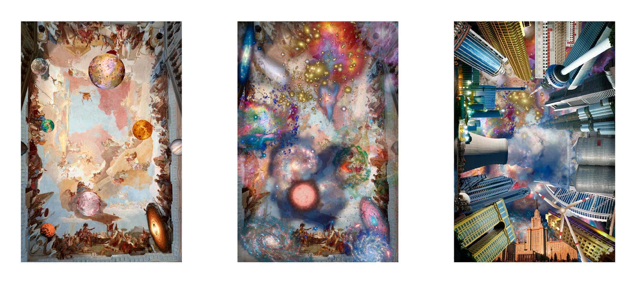 Can't See The Universe (After Tiepolo), 2013. Triptychon, digitale Fotomontagen / Grafiken, 8-Farben-Tintenstrahldruck auf Büttenkarton, je 90 x 60 cm (Druck) auf ca. 110 x 80 cm Papier.