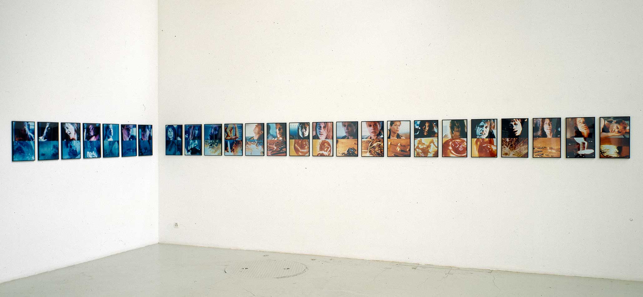 Illusions, National SGBK-Exhibition, Zurich 1995. Myriam Thyes, Sarah (1995/2002), 25 c-prints on alu dibond, 45 x 30 cm each, 9 meters in all. Here: first edition of this work, 1995, photochemical exposure.