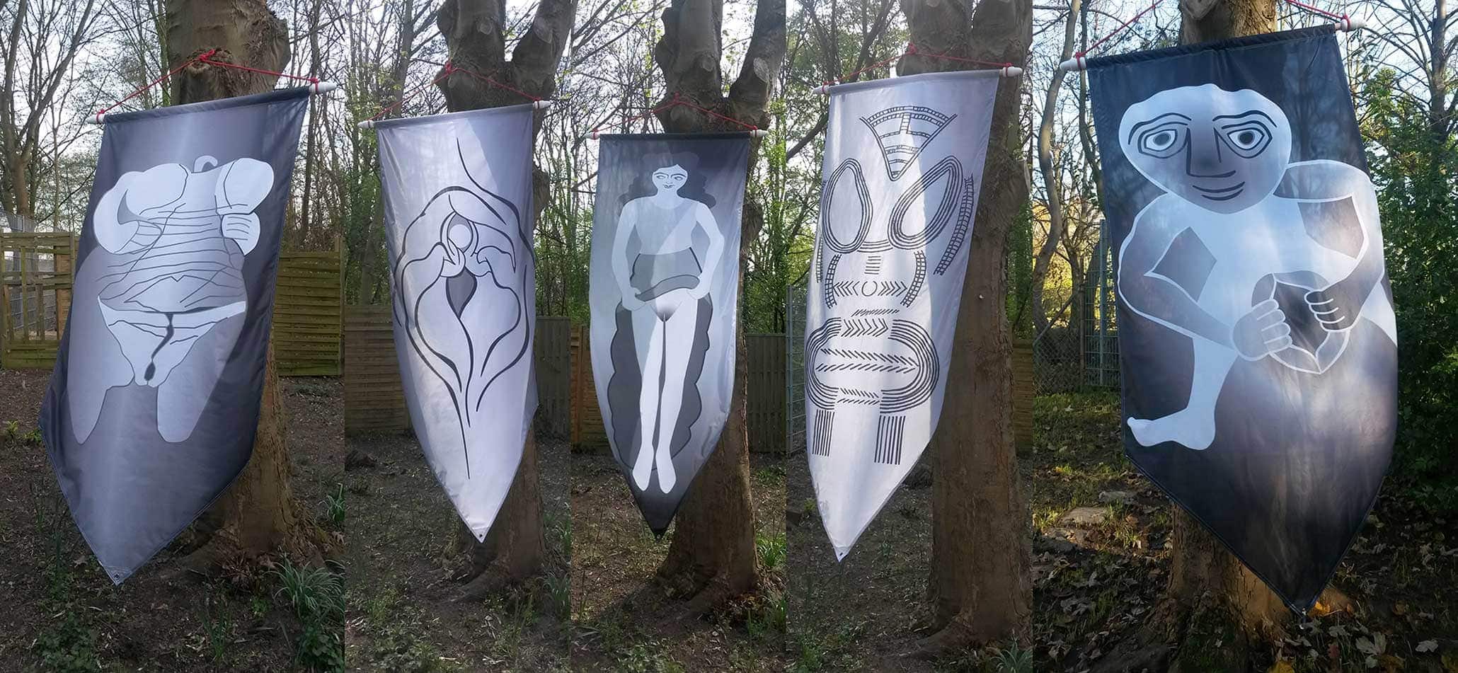 Global Vulva Flags (2014), 13 flags, vector graphics, prints on semitransparent cloth, b/w, each 100 cm wide and 200 or 250 cm long.
Here: Venus of Hohle Fels, Vulva, Baubo, Paleolithic Carved Drawing, Sheila-na-gig.