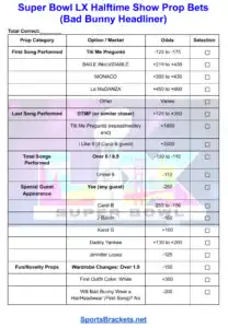 Super Bowl LX Halftime Show Props & Bets 2026: Printable Sheet with Odds, Predictions, and History Table