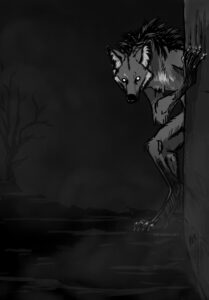 Anthropomorphic maned wolf peeking around a corner.