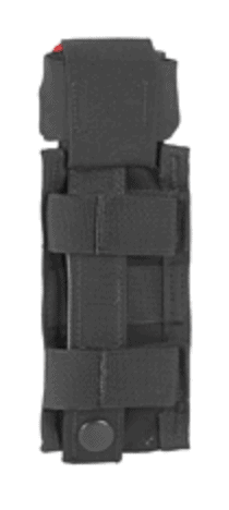 Black tactical rifle magazine pouch with three Velcro-secured compartments, designed to hold magazines.