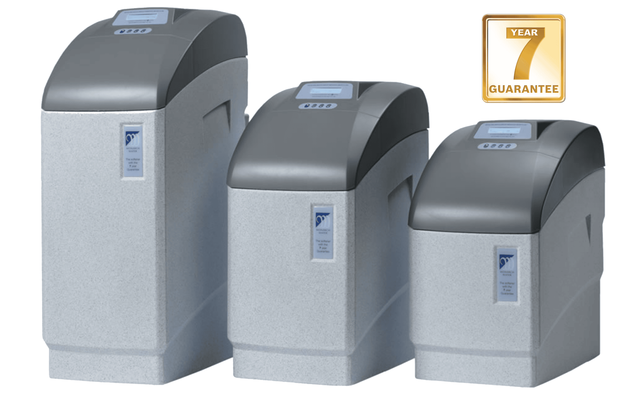 Three domestic water softeners. Varying in size.