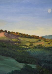Detail of Under the Tuscan Moon Tuscan landscape oil painting showing hills, light and atmosphere
