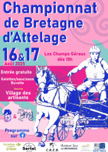 Affiche promotionnelle pour le Championnat de Bretagne d'Attelage les 16 et 17 août 2025 aux Champs Géraux, avec un cavalier dirigeant un cheval au galop.
