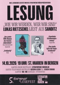Plakat Lesung: Termin 14.10.26 ca- 19.00 oder 19.30 Uhr mit dem Autoren Lukas Rietzschel und seinem großartigen Roman „Sanditz“.