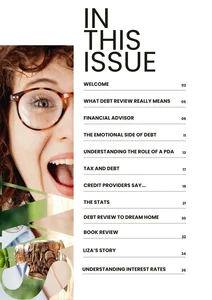 SmartWealth SA Magazine – Issue 1 Contents SmartWealth SA Magazine Issue 1 contents page – topics on debt review, financial advisors, tax and debt, and South African money tips.