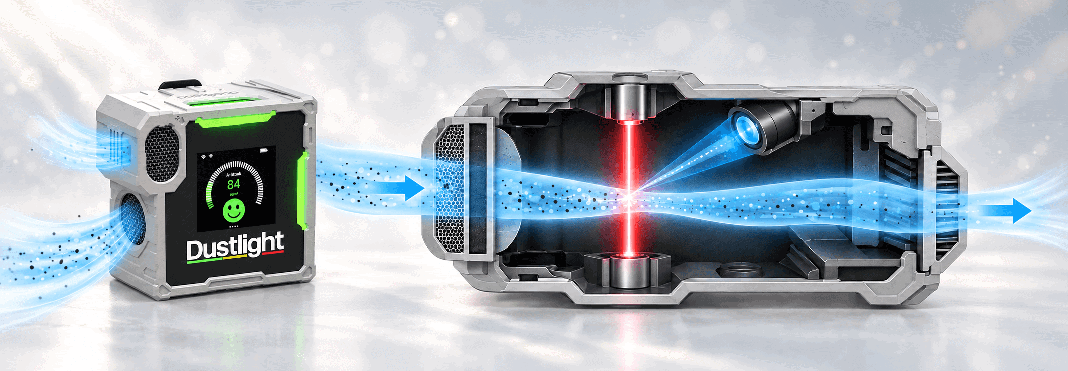 Dustlight-A-Staubmessgerät neben einer schematischen Darstellung des Luftstroms und der optischen Partikelmessung mit Laser.