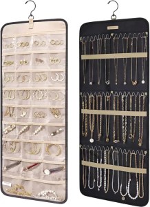 Assorted jewelry organization hanging storage, ideal for earrings and necklaces.