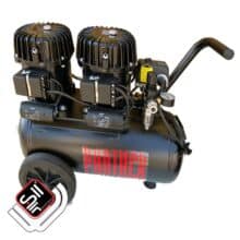 mobiler Kompressor mit einem MDR2 Druckschalter, Druckregler mit Filtereinheit aus Metall, 1 Motor auf einem horizontalen Tank in schwarz.