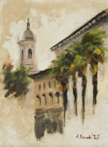 Original oil painting of Via Italia in Monza, Lombardy, with palm trees, historic architecture and church tower.