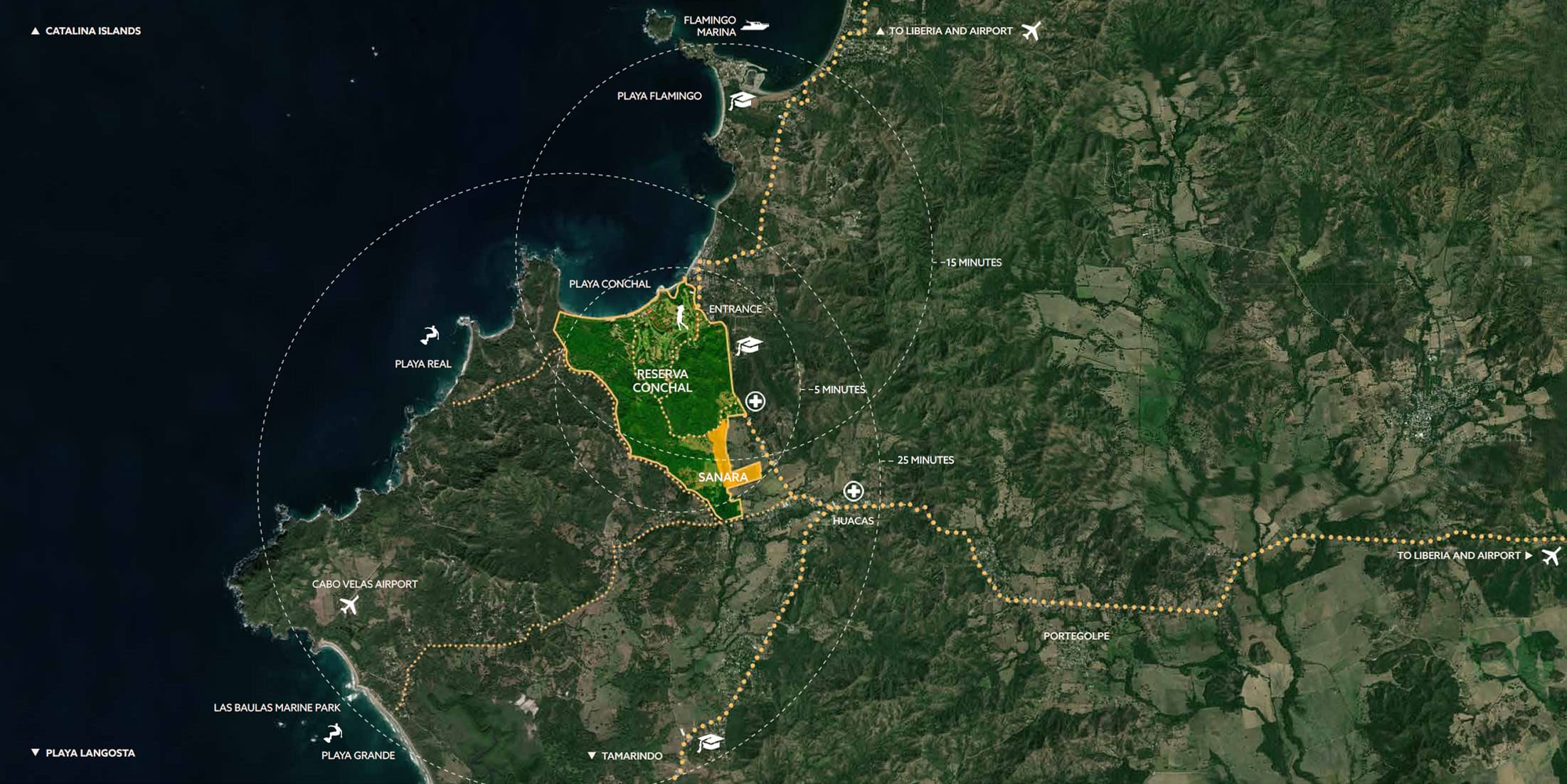 Reserva Conchal surroundings and location map, Guanacaste