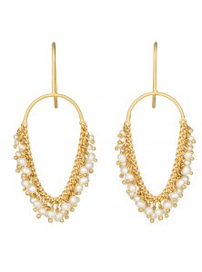 Photo of gold and pearl earrings on white background