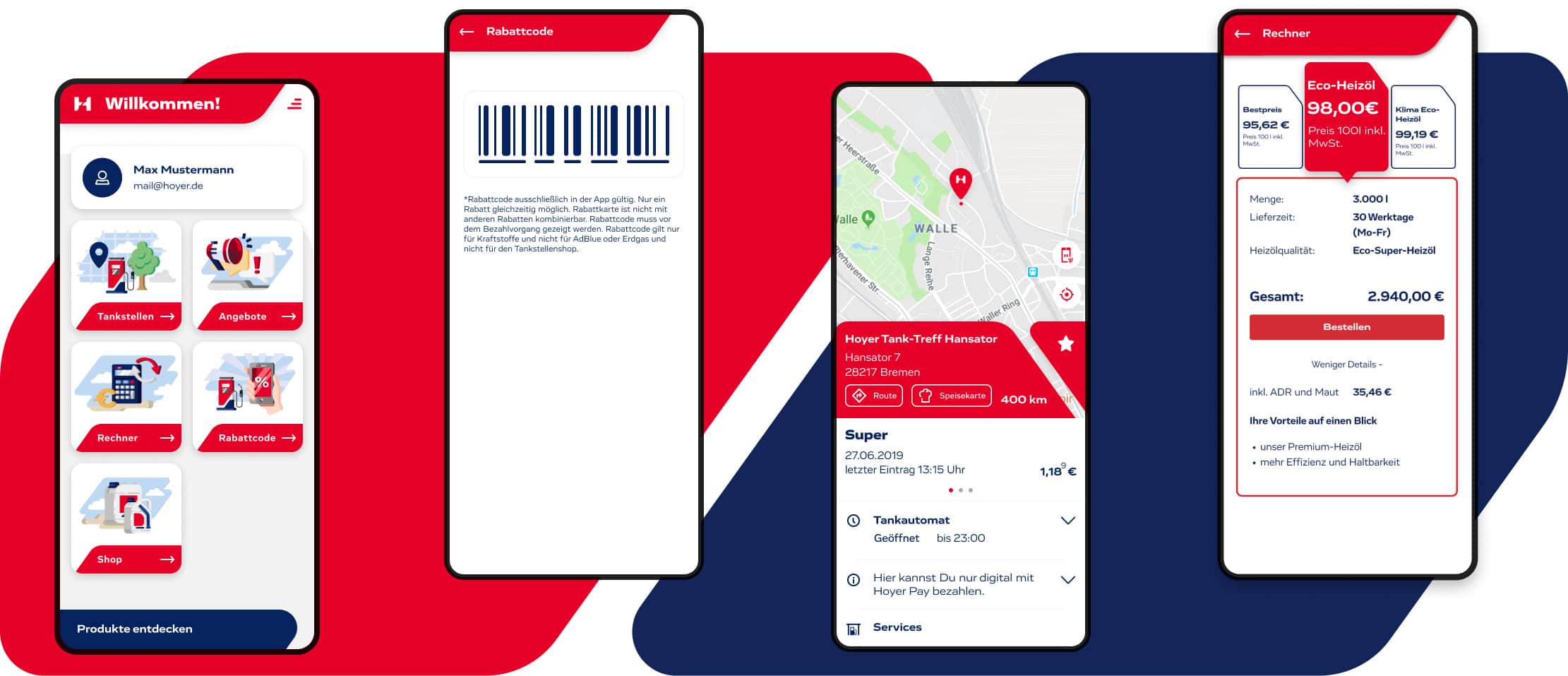 Four smartphone views of a gas station app. The first view shows the main menu with options such as Gas Stations, Offers, Calculator, and Discount Code. The second view shows a barcode as a discount code. The third view shows a map with a marked gas station and details such as fuel price and opening hours. The fourth view shows a heating oil price calculator with various price options and an order summary.