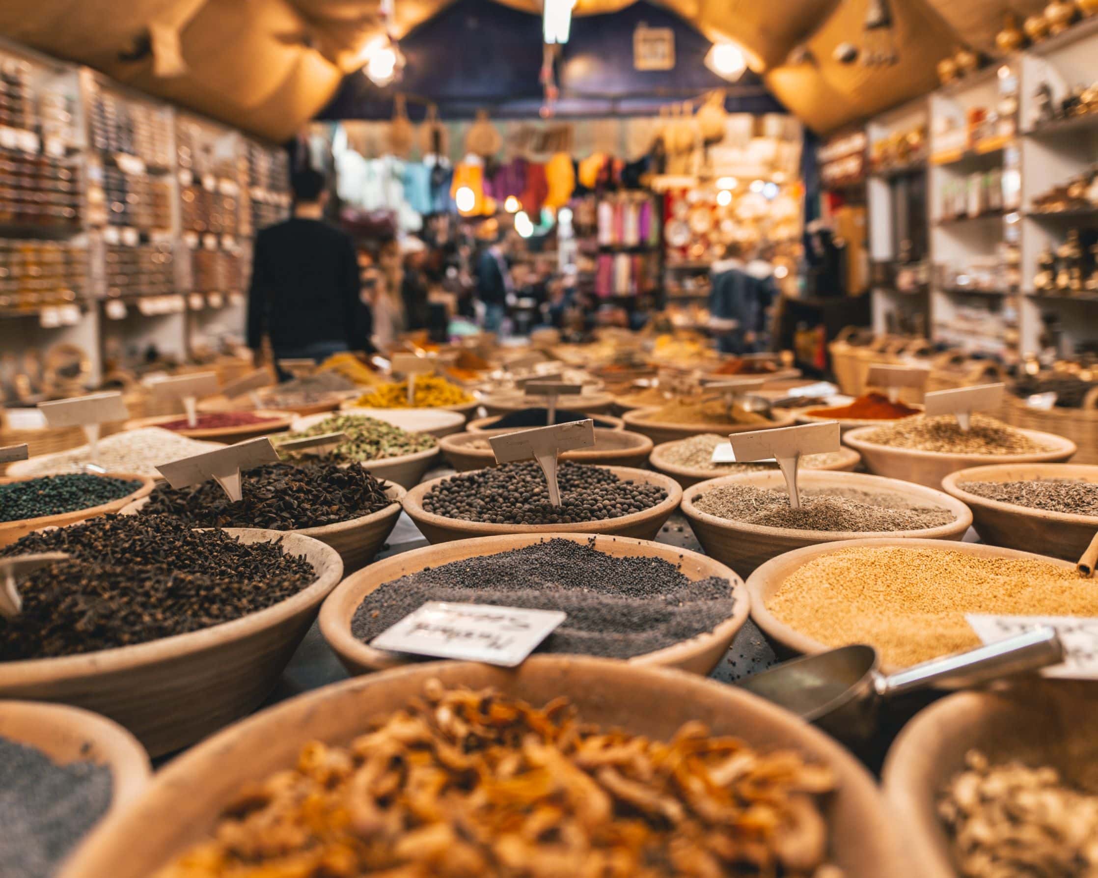 marketplace with bowls of herbs and spices