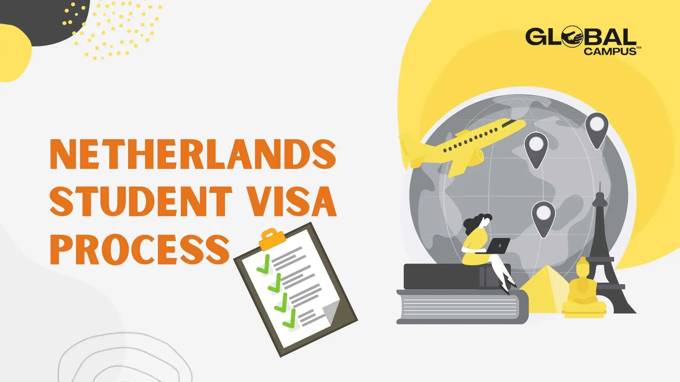 A banner with an image of student & globe mentions the Netherlands Student Visa Process.