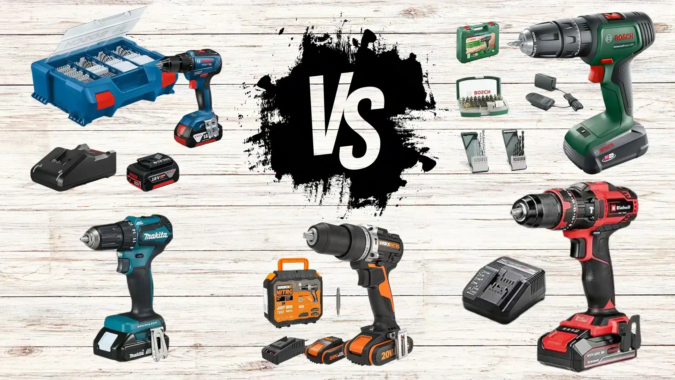 Angebot im Fokus: Beste Akkuschrauber für Handwerker 1 Vergleich von Akku-Bohrschraubern führender Marken wie Bosch, Makita, Worx und Einhell mit Zubehör und Ladegeräten auf einem Holzhintergrund.