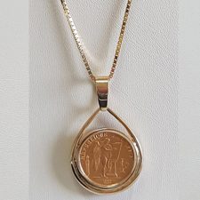 14k Gold Teardrop 20 Franc Pendant with 14k Gold Box Chain