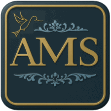 AMS logo featuring gold letters 'AMS' with ornamental scrollwork and a small bird on a dark teal badge.