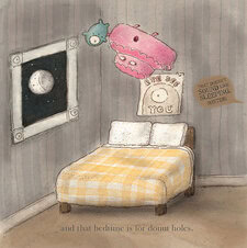 Rude cake jumps on bed. From Rowboat Watkins' Rude Cakes (Chronicle Books, 2015)