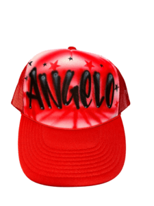 Red trucker hat with black custom airbrush name design