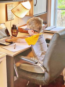 Calm and focused young boy working on a laptop at home, studying or engaging in educational activities in a cozy, well-lit workspace, perfect for fostering concentration and learning.