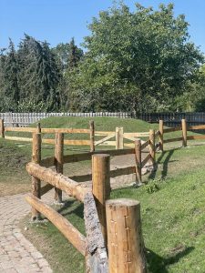 Gemütlicher Weg mit Holz-Zaun umgeben, umgeben von üppigem Grün und Schatten spendenden Bäumen, ideal für Erholung und Naturerlebnisse im Wellnesshof RaJa.